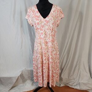 SAHALIE Size Large Pink Floral Cap Sleeve V-neck Cottagecore Cotton Blend Dress